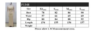 Size chart for the elegant backless sequin evening dress showing bust, waist and hip measurements