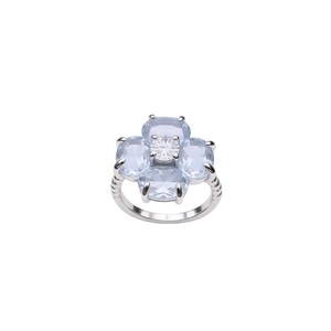 Sparkling zircon flower open ring with light blue gemstones in polished silver finish