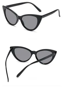 Detailed side and back view of cat-eye sunglasses with black frames and grey lenses