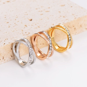 Stainless Steel Criss Cross Ring Pave Cubic Zirconia Double Layer X Shape Fashion Jewelry Gift For Women