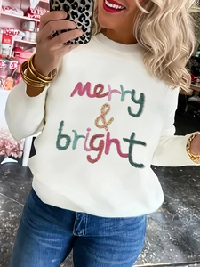 Women Christmas Sweatshirt Crewneck Long Sleeve Polyester Spandex Merry Bright Letter Embroidery Holiday Casual Pullover