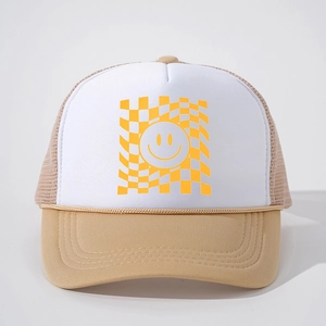 Adjustable beige trucker hat with a yellow checkered smiley face print and rope detail