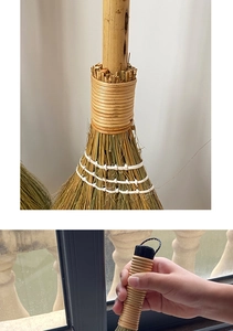 Detail of handcrafted bamboo handle and grass bristles with durable rattan weaving