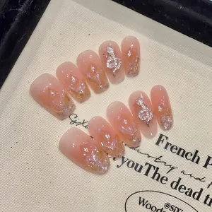 Handmade Press On Nails Pink Gradient 3D Gold Metal Snake Charms Glitter Long Oval Artificial Fake Nails For Women