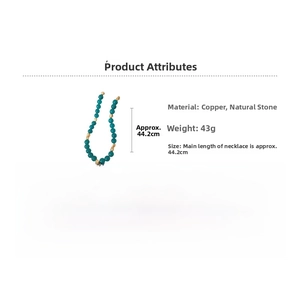 Detail view of teal stone beads and gold copper necklace with 44cm length and 43g weight