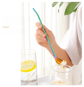 Rainbow plated 304 stainless steel straw spoon for stirring and sipping drinks