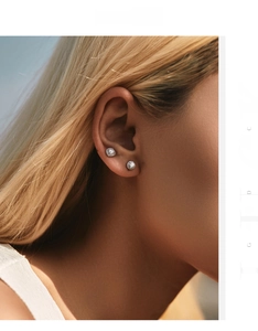 Close-up of D color moissanite stud earrings in s925 silver worn by a model