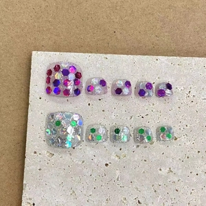 Handmade Press On Toenails Acrylic Glitter Cat Eye Sequins Purple Silver Green Glossy Fake Toe Nails For Women Foot Decoration