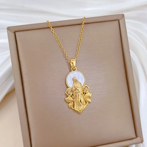 Elegant gold necklace with Virgin Mary pendant surrounded by roses and mother of pearl