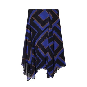 Gonna midi asimmetrica da donna con stampa geometrica in blu scuro e marrone