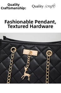 Close-up of quilted black leather texture with gold deer charm and premium metal hardware