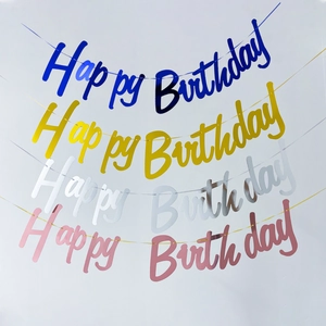 Metallic Happy Birthday banners in blue, gold, silver, and rose gold mirror finishes