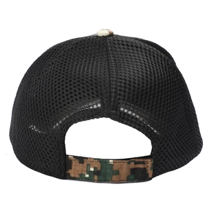 Detailed back view of a black mesh baseball cap with camouflage adjustable strap