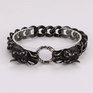 Stainless steel Cuban chain bracelet featuring a double Viking dragon head ring clasp
