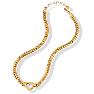 Golden stainless steel Cuban link necklace featuring a hollow heart pendant for women