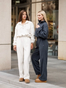 Women Pullover And Pants Polar Fleece Half Zip Long Sleeve Top High Waist Straight Leg Trousers Casual Autumn Winter