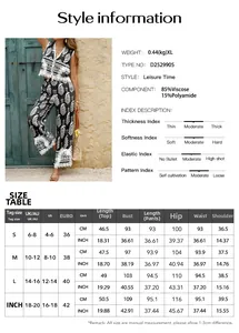 Size chart and fabric details for Bohemian print top and pants set with viscose blend