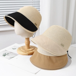 Women Straw Bucket Hat Fabric Patchwork Sun Protection Summer Outdoor Breathable Adjustable Equestrian Cap Metal Decor