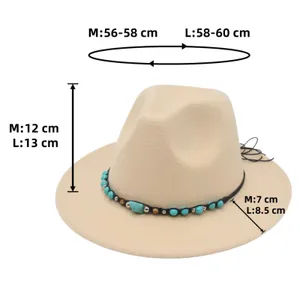 Size chart showing circumference and brim width for M and L cowboy felt hats