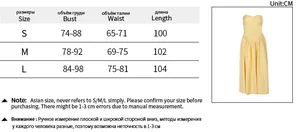 Detailed size chart showing bust, waist, and length for sleeveless strapless dress