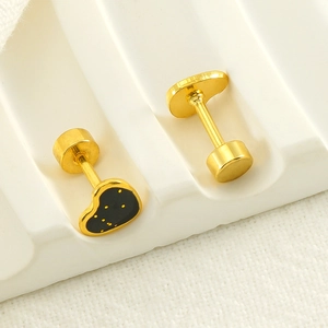 French style heart stud earrings in gold titanium steel with black polka dot enamel finish