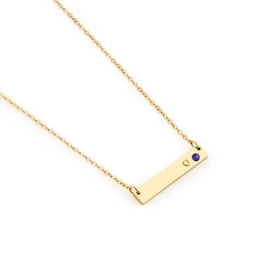 Gold bar necklace with hollow heart and blue gemstone inlay on minimalist cable chain
