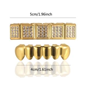 Hip hop gold grillz set with sparkling rhinestones and size labels on white background