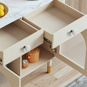 Detail view of cream sideboard with open drawer and white ceramic flower handle hardware