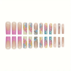 Pink French tips and floral rhinestones long square press-on nails set on white background