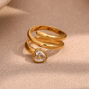 18K gold plated stainless steel snake ring with double layer and heart-shaped diamond