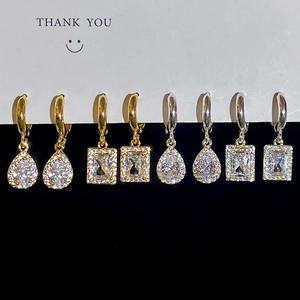 Elegant Geometric Zircon Dangle Hoop Earrings With Silver Earring Post Water Drop Square Luxury Chic Jewelry For Women
