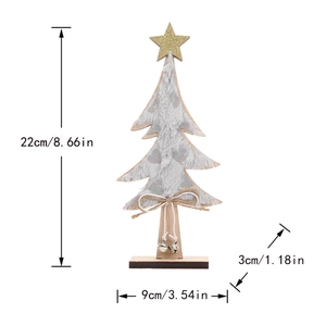 Wooden Christmas tree tabletop decor with size dimensions in white, gold, and natural wood