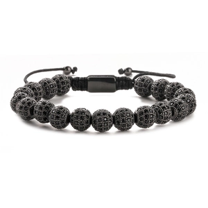 Bracelet couronne ajustable en zircon noir avec cordon tressé et perles en cuivre de 8 mm