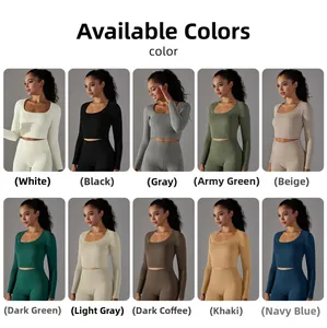 Collage of seamless ribbed yoga sets in ten solid colors with U-neck crop top and leggings