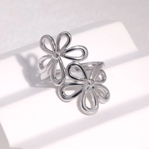 Detailed view of silver stainless steel adjustable ring with double-layered hollow floral design