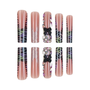 Extra long leopard print French false nails with gems and 3D black bow accents