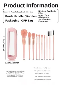 Detail showing 10 pink makeup brushes with rose gold ferrules and a storage pouch