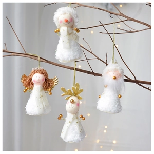 Detailed view of four plush Christmas ornaments featuring a snowman, angel, and deer on branches
