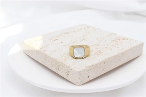 Detail shot of a square gold metal ring with white shell inlay on a stone pedestal