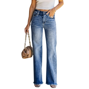 Women high waisted wide leg jeans with distressed ripped details and raw hem in light blue