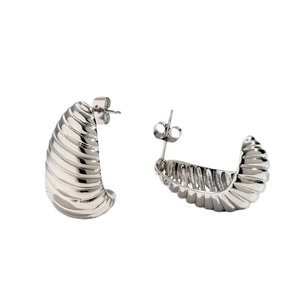 Polished silver stainless steel croissant hoop earrings with a textured threaded design