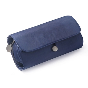 Blue cylindrical fabric storage bag with folding cover and secure round button closure