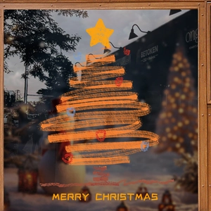 Christmas Tree Window Stickers Static Clings PVC Double Sided Glass Decals Hand Drawn Orange Festive Decor For Shop Home