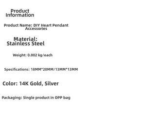 Product specifications and material details for stainless steel DIY heart heart pendants.