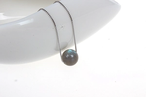 Macro shot of circular labradorite pendant with blue sheen on fine silver box chain