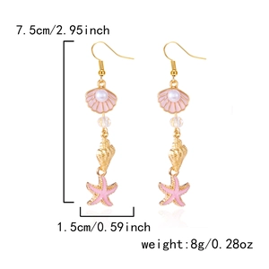 Detailed view of pink starfish and shell earrings with product dimensions and weight specs