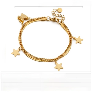Detailed view of dual-layer stainless steel bracelet with butterfly and star charms