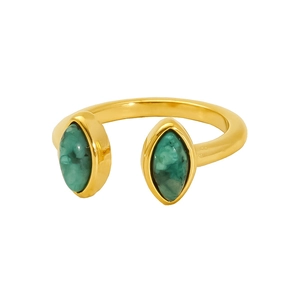 Retro 18K gold plated titanium steel open ring with two green marquise-cut natural stones