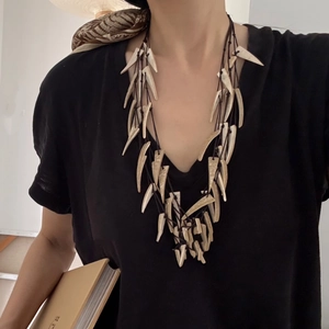 Ethnic Bohemian Multi-Layer Long Necklace Coconut Shell Triangle Pendant Handmade Statement Sweater Chain For Women