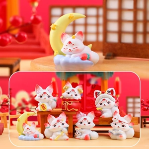 Macro detail of the Moon Fox figurine and full collection of 10 cute fox blind box toys